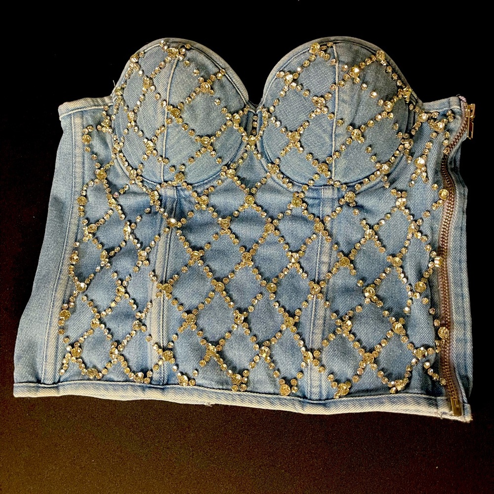 Denim embellished brassiere, strapless, side zipper back bowtie straps